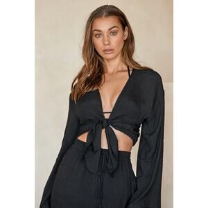 Monday Swimwear Tahiti Tie Top S Black Blouse Plunging Tie Front Crop Coverup